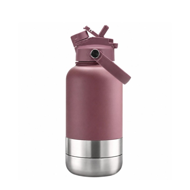 Portable Dog Water Bottle 1L Stainless Steel with Two Bowls and Lid
