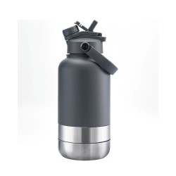Portable Dog Water Bottle 1L Stainless Steel with Two Bowls and Lid
