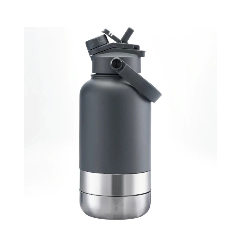 Portable Dog Water Bottle 1L Stainless Steel with Two Bowls and Lid