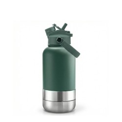 Portable Dog Water Bottle 1L Stainless Steel with Two Bowls and Lid