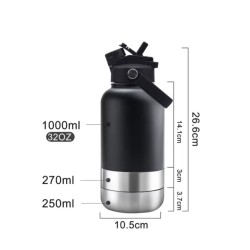 Portable Dog Water Bottle 1L Stainless Steel with Two Bowls and Lid