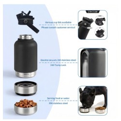 Portable Dog Water Bottle 1L Stainless Steel with Two Bowls and Lid