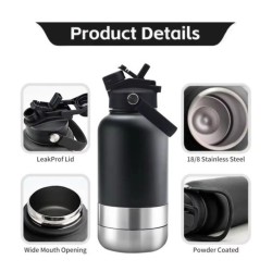 Portable Dog Water Bottle 1L Stainless Steel with Two Bowls and Lid