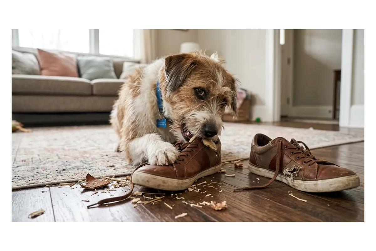 dog chewing shoes showing destructive behaviour