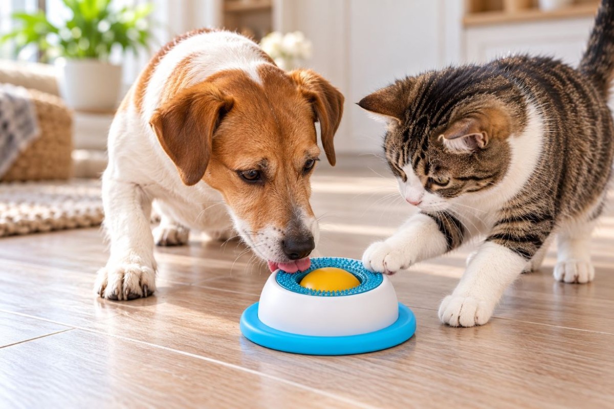 A dog happily licking from an interactive lick feeder with a rolling ball, promoting slow feeding and engagement.